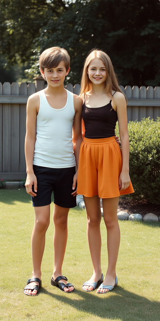 photorealistic, ultra high resolution, 16K, a tall skinny 14 yo teen boy wearing tank top, tight booty shorts, with a girl wearing tank top, skirt. Long legs. At backyard. Full length view. Vintage family photo, 1970s.