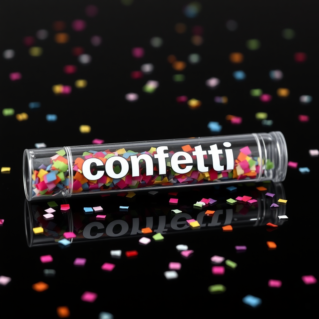 A photo of a glass fat transparent plain uniform confetti popper tube with colorful confetti inside and with text "confetti" on it, lying flat at an angle on black glossy surface, with confetti around it, white bold text with a black border, reflections on the tube glass, tube closed from both ends.