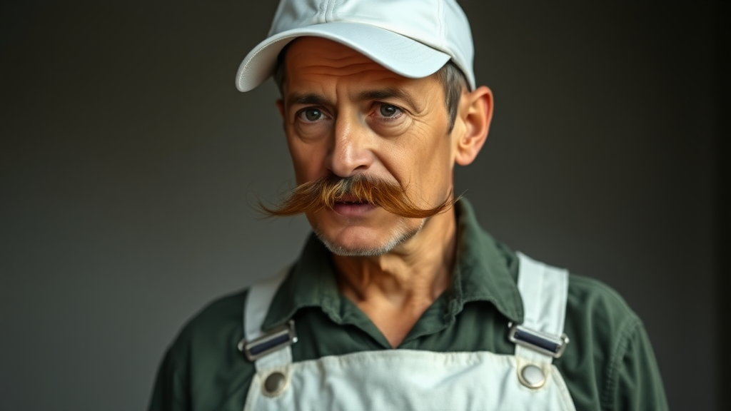 Thin Italian man with large mustache. He wears a white cap and white overalls over a long sleeve dark green shirt.