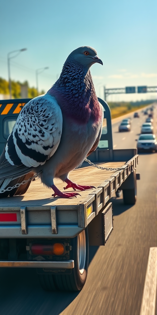 A hyper-realistic, professional photo of a gigantic pigeon chained to the back of a flatbed truck, driving on a busy highway. The pigeon is extremely detailed with realistic textures on its feathers, showing a mix of purple, gray, and white colors with subtle shine under daylight. The scene captures a high level of detail in the truck, with polished metal parts and rubber tires. The highway is full of cars and trucks driving in the background. The atmosphere is bright and clear, with realistic sunlight casting shadows on the pigeon and truck. The camera angle is slightly elevated, capturing the full size of the pigeon in relation to the truck, emphasizing the absurdity of the scene with perfect depth of field and focus on the bird and vehicle. Trending on ArtStation, ultra-detailed, photo-realistic, with rich textures and a high dynamic range (HDR) effect