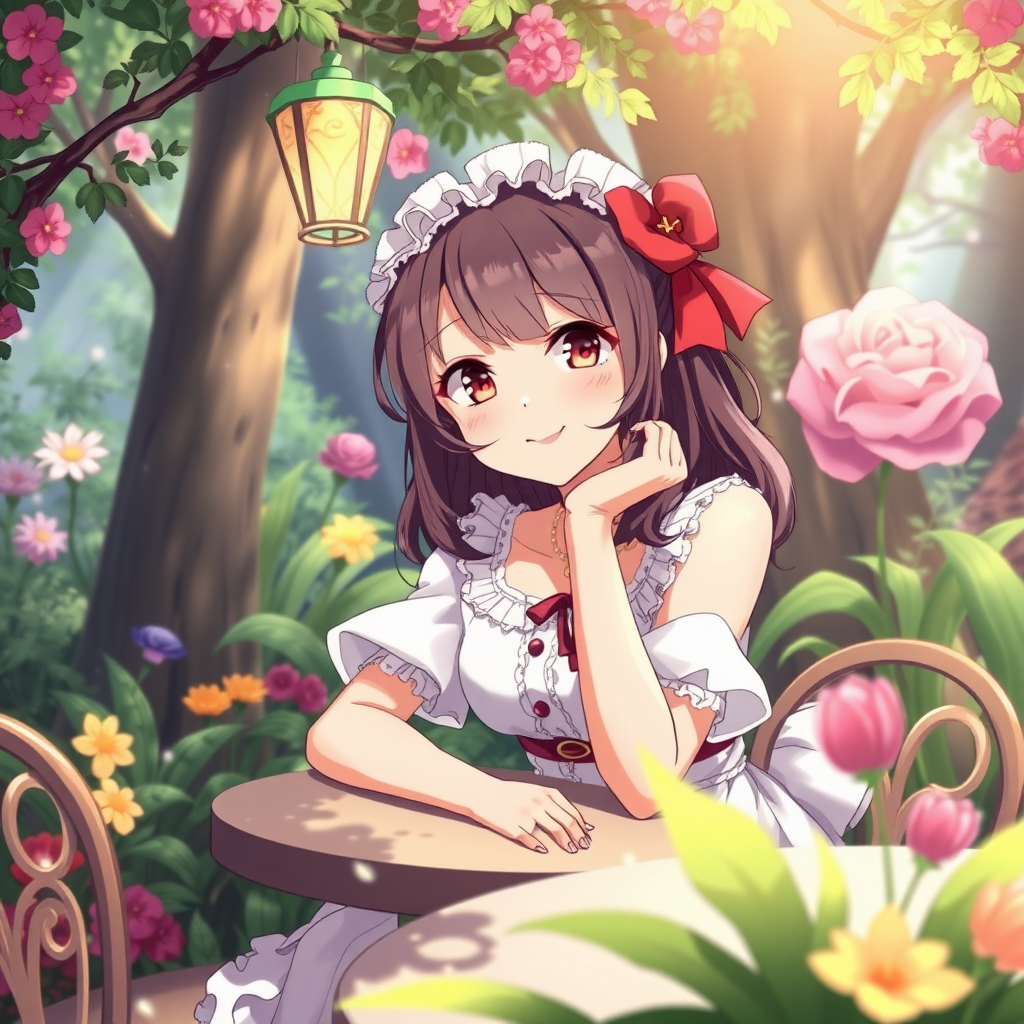 A pretty young lady is sitting in a fairytale garden, she is sitting at a table with a head on the table smiling. Anime style