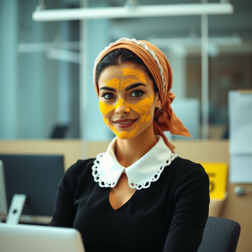 slim, modern, french maid, scarf head, turmeric paste on face, working in office