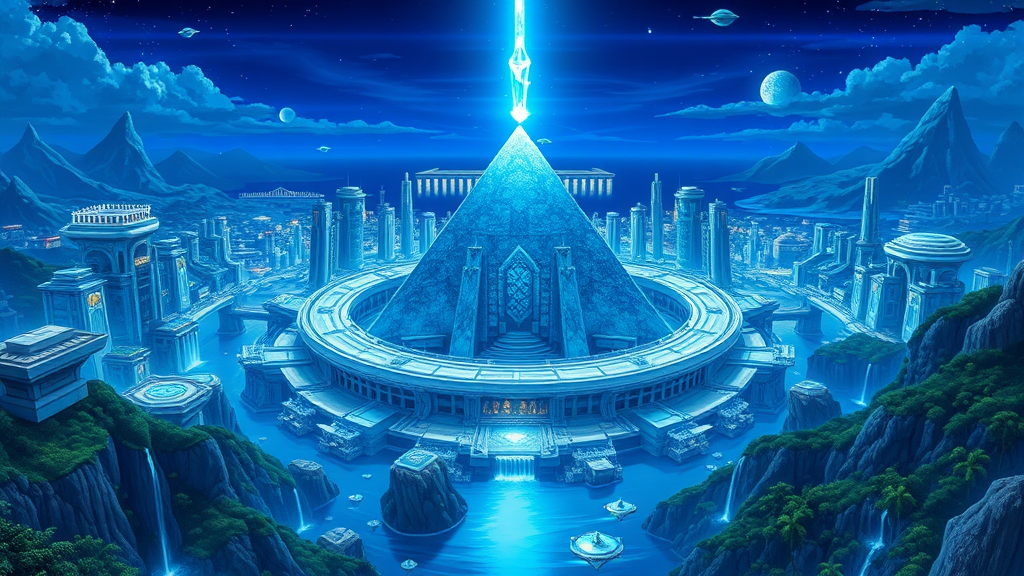 This anime art of Greater Atlantis is a stunning vision of futuristic elegance and mythical grandeur:

The cityscape is vast and intricate, with towering Greek-styled structures that showcase advanced technology. These buildings are crafted from blue marble, each uniquely shaped with flowing, ornate designs that blend classical aesthetics with futuristic elements.

At the heart of the city stands a colossal pure-quartz pyramid, its crystalline surface shimmering with an inner light. Atop the pyramid is a radiant crystal, casting a brilliant blue beacon that pierces the sky and serves as a focal point for the city's energy and power.

Surrounding the city is a magnificent ringed structure, which encircles the entire metropolis, providing both protection and a majestic boundary. The waters around the city are dotted with advanced technological artifacts, including white, floating, and hovering objects that glimmer as they drift over the surface.

The landscape features lush tropical lands, their vibrant greenery contrasting with the sleek, high-tech city. Nearby mountains are adorned with cascading waterfalls that flow gracefully into the expansive waters, enhancing the city’s serene yet powerful aura.

The sky above is a deep, rich blue, illuminated by the piercing blue beacon and various other lights that reflect off the crystalline surfaces. The overall scene combines elements of ancient grandeur and cutting-edge technology, creating a breathtaking depiction of Greater Atlantis that is both enchanting and awe-inspiring.