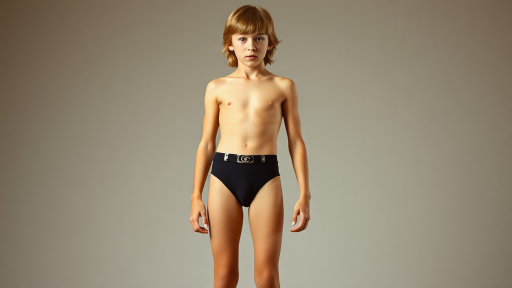 A skinny 14yo teen boy, long hairs bow cut, wearing tight narrow speedo, garter belt, long stockings, long legs, narrow thighs. full-length view. 1970s. photorealistic, ultra high resolution, 16K, Negative: grainy, blurry, bad anatomy, extra limbs, watermark.