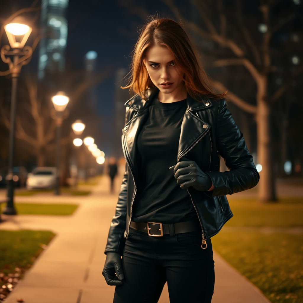 A beautiful angry female burglar in black leather jacket over black t-shirt with black pants and gloves in Manhattan park at night.