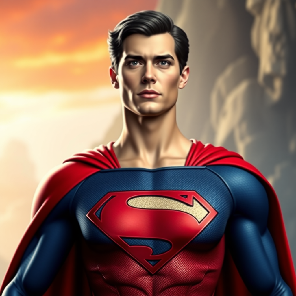 Create a full-body photorealistic render of Superman, possessing the female figure of Marie Rose. Maintain Superman's head, hairstyle, and facial features. Retain Superman's costume, altering it to fit the new figure. Set the background in a hybrid setting inspired by both characters' worlds.