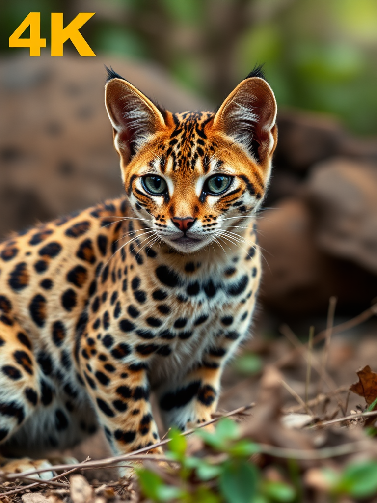 Realistic 4K image of a Rusty Spotted Cat, with its distinctive spotted coat, in a setting that highlights its endangered status due to hunting. The cat is shown in high detail, emphasizing its beautiful fur and features. The background includes subtle elements suggesting the impact of hunting, such as signs of human activity or a disturbed environment. The scene should convey the urgency of conservation efforts while showcasing the cat’s natural beauty and vulnerability.