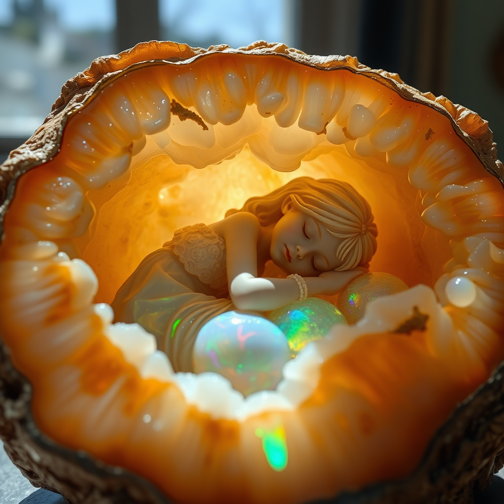 statue carved from opal of a 8 year old girl sleeping in a geode, high quality photo, intricate environment, ultra-detailed, impressionistic, dynamic composition, artistic photograph, geode, alabaster, fractal, brilliant colors, glittering, sunlight, illumination, transparency, translucent, opal