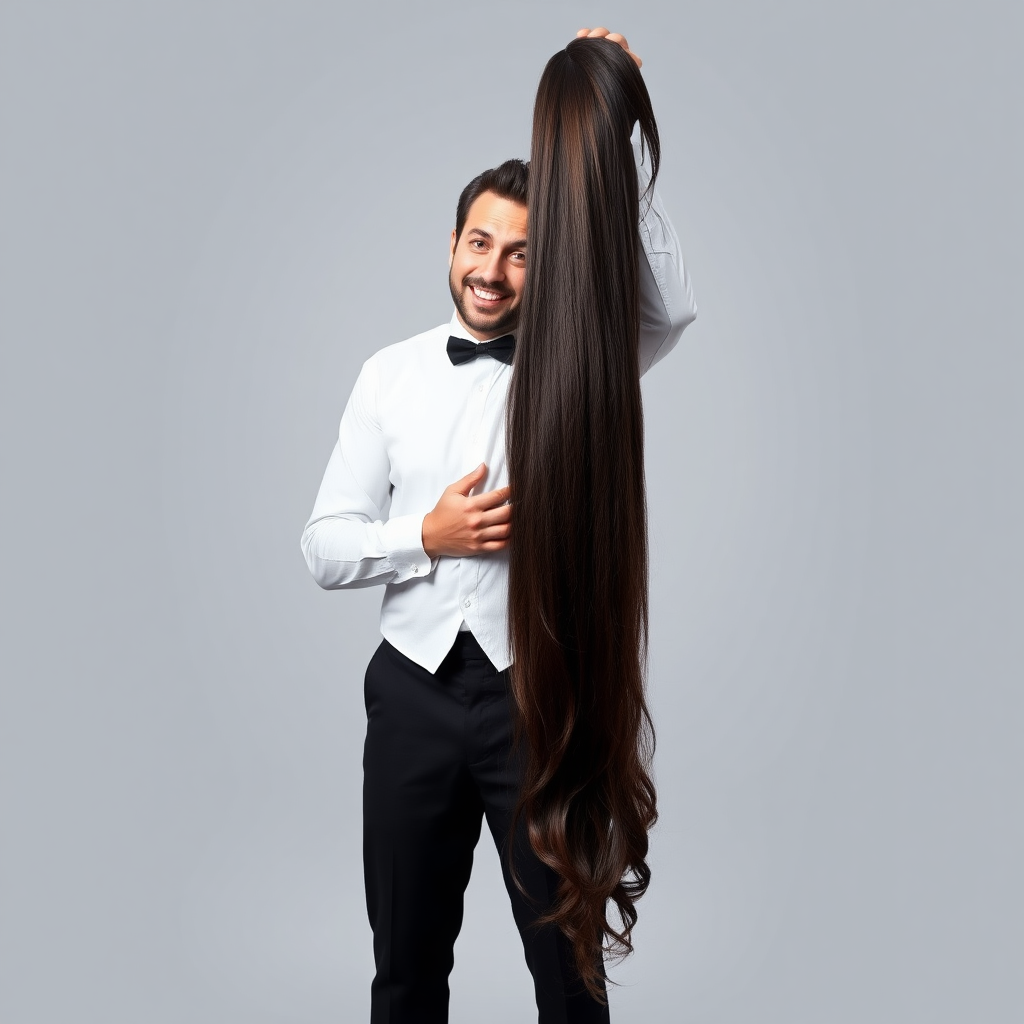 A surreal image of a smiling male magician standing to the side while holding up the disembodied head of a very long-haired Meghan Markle by her hair to display it to the camera. He is grabbing her very long hair and pulling it up high in the air, while her head is hanging by her hair from his grasp. Plain gray background.