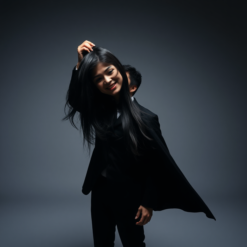 In a well lit room with stark minimalist decor, a magician stands confidently before the camera, his sharp silhouette contrasting against the plain gray background. The atmosphere is thick with a blend of intrigue and eeriness as he holds aloft the severed head of his long-haired female assistant. Her flowing locks cascade around his fingers, glistening dark and vibrant as they catch the light. The magician, with an enigmatic smile, leans forward, pressing his lips to her cold mouth in a disturbing display of affection.

The scene is quiet, except for the soft rustle of fabric as the magician’s cape drapes dramatically around him. A faint chill seems to fill the air, heightening the surreal and macabre nature of the tableau. The head’s lifeless eyes, framed by long lashes, still reflect a glimmer of magic and mystery, inviting the viewer to question the boundary between illusion and reality. The minimalist decor emphasizes the unsettling focal point of the performance, leaving the audience trapped in a moment that is both captivating and chilling.