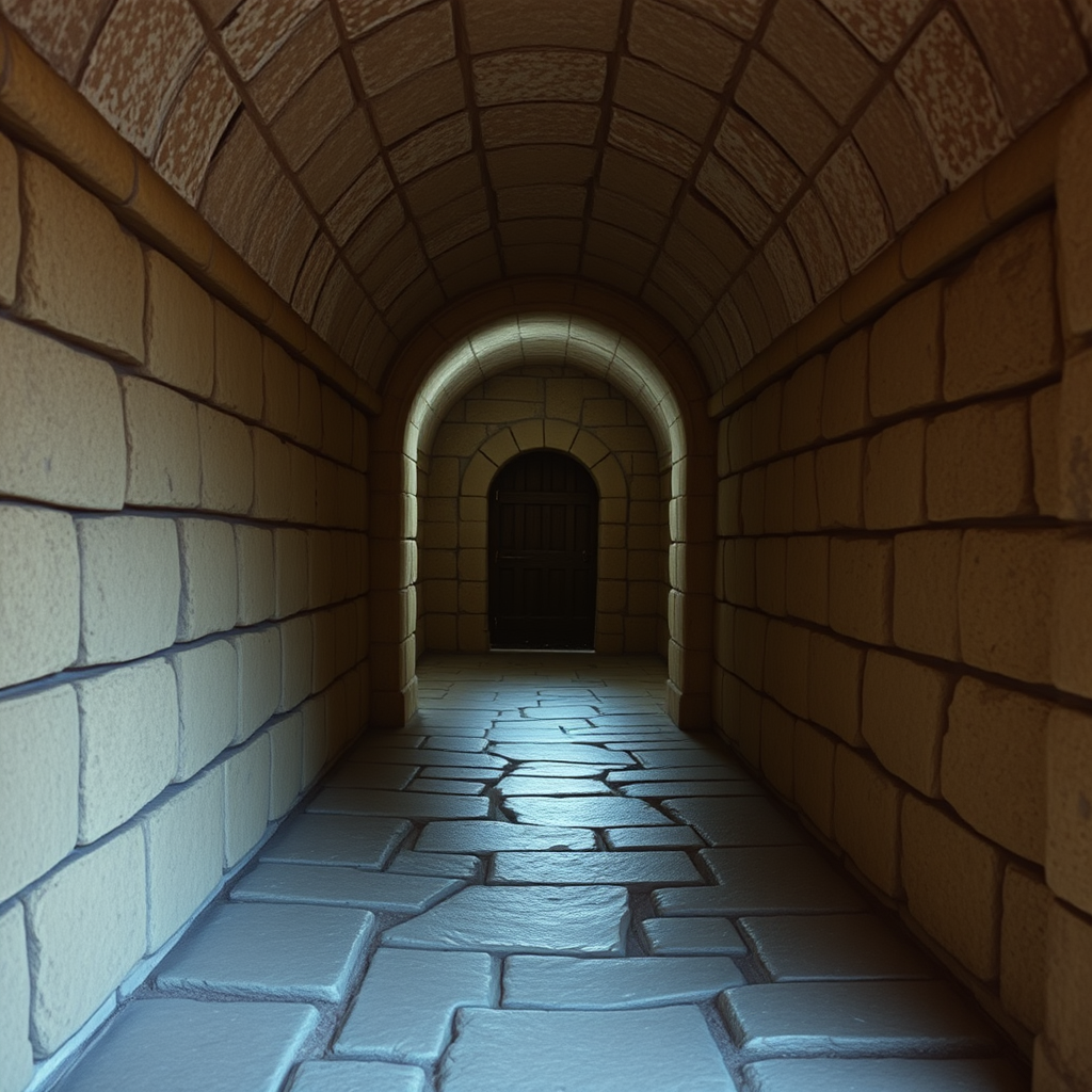 Highly detailed realistic 35mm fantasy movie still photograph of This is another plain stone passageway, but the ceiling is only 10' high. Daylight will enable adventurers to dimly see what appear to be two separate doors at the end of the corridor. The floor paving at 50' distance within the passage will shift slightly when adventurers tread upon its surface. They will hear a rumbling from behind (or beside if some are at 30' within) them, the huge stone block, 10' thick, has slid shut and completely sealed off the passageway. This block cannot be moved or forced back.