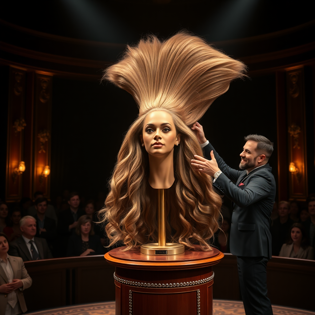 In a dimly lit theater, the atmosphere crackles with anticipation, the audience's murmurs a blend of curiosity and skepticism. On a grand, elegantly adorned display stand sits the disembodied head of the enchanting Beyoncé, her radiant skin glistening under the soft, warm glow of the spotlight. Her striking features are perfectly framed by cascading locks of lustrous, very long hair that shimmer with hues of light brown and hints of rich mahogany, reminiscent of polished silk.

Standing beside her is the magician, a charismatic figure in a sharp, tailored suit that glints with sequins in the light. With theatrical flair, he holds her voluminous hair aloft, fingers splayed wide, deftly spreading it out like a shimmering waterfall, mesmerising the audience. The hair flows like liquid night, each strand capturing the light as it falls gracefully to the ground, creating a stunning, almost surreal contrast against the stark wooden stage.

The magician’s face is lit with a confident smile, his eyes sparkling with the thrill of the performance, as he engages the audience with playful banter. Their gasps and laughter echo throughout the room, a symphony of wonder and disbelief. The scent of polished wood and fresh popcorn wafts through the air, mingling with the underlying electricity of the moment. Time seems to stand still as the audience leans in, captivated by the spectacle, a seamless blend of illusion and artistry that promises to defy reason and ignite imagination.