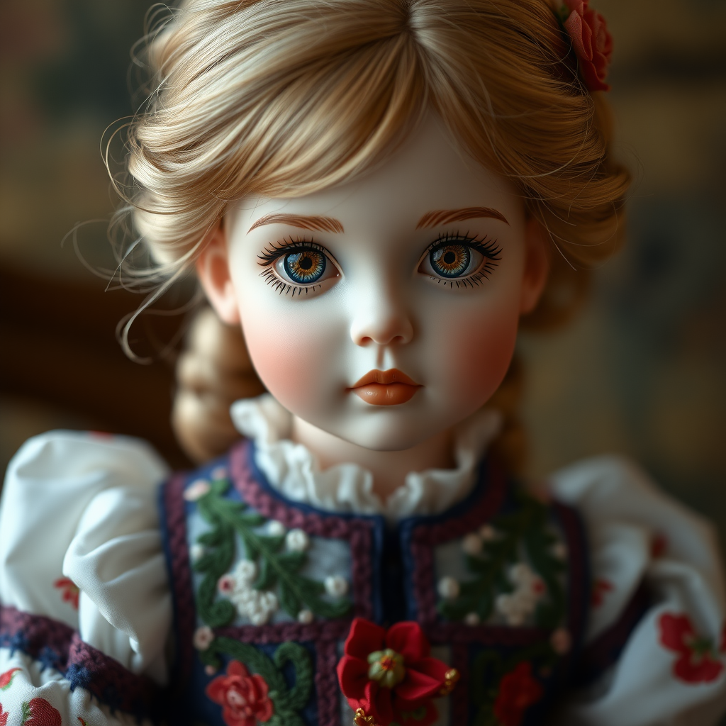 ooak art doll, artist doll, realistic doll, life-like porcelain doll, unique personality, stunning eyes, bisque doll, bjd, dynamic pose, embroidered traditional dress, sunny spring noon, classicist art, portrait photography, romanticism