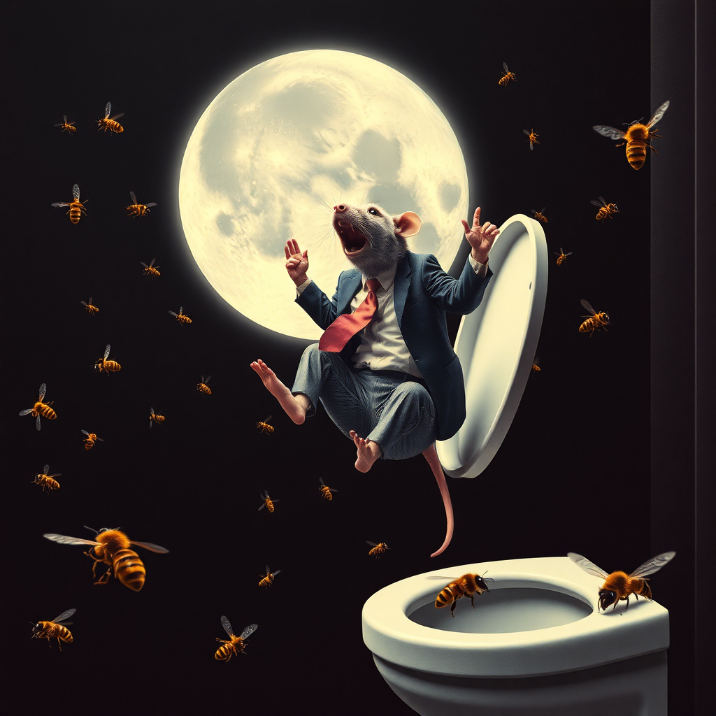 A rat politician diving off the moon into a toilet, bees, 2000s musical movie poster, no text, cyberpunk