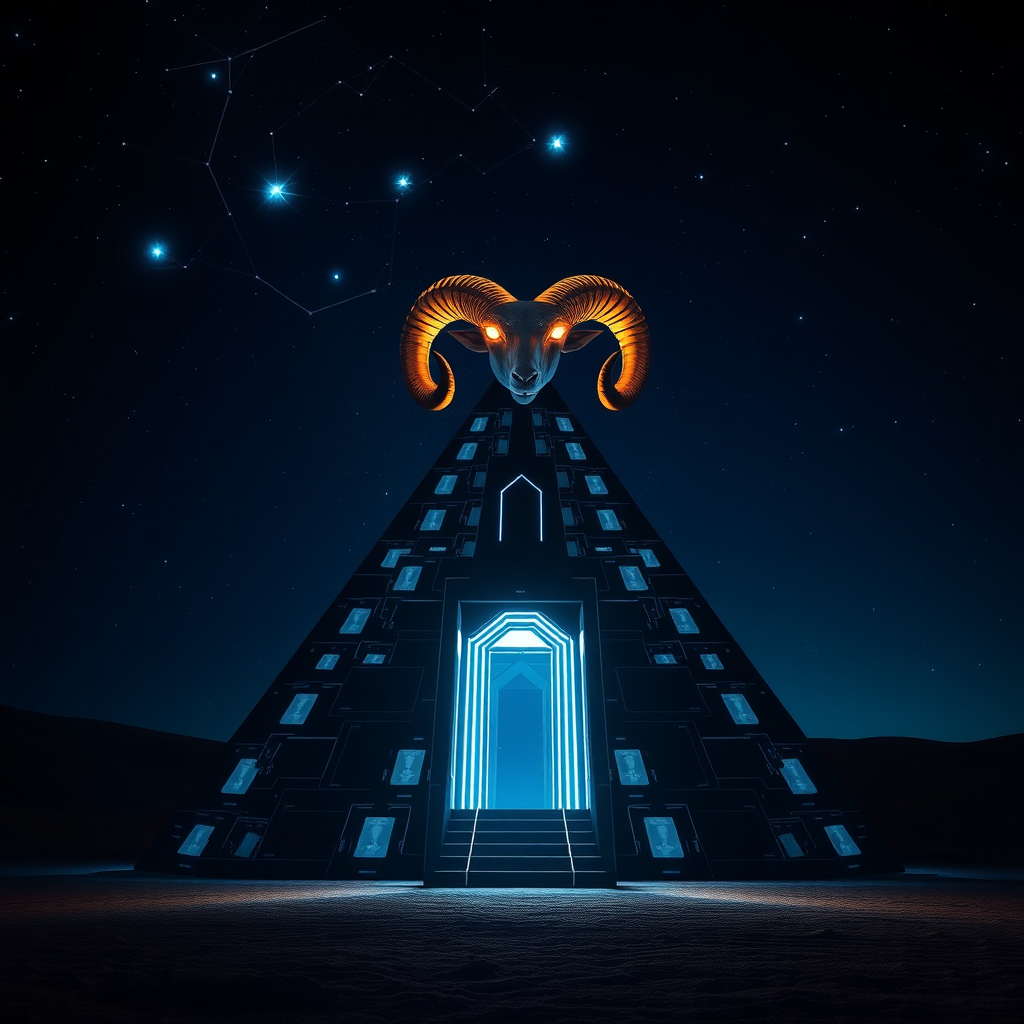 The scene depicts a dark desert at night, illuminated by the seven blue stars of the Pleiades constellation in the sky. In the foreground stands a colossal technological ziggurat, reminiscent of an ancient temple, characterized by its striking black and white design. The holographic entrance is uniquely shaped to resemble a female vaginal form, while atop the structure rests a golden ram's horn, featuring two fiery eyes that seem to glow with intensity.