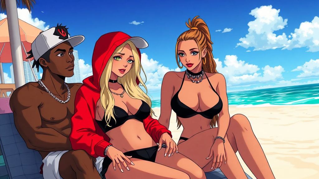 Anime of A 19 year old thug ghetto women, white, long blond hair, wearing nothing but a micro-black bikini and g-string thong under red-white bape hoodie, red-lips, white-nails, down in Miami beach Florida near a city, she is sitting next to a dark-skinned male with dreadlocks right-side, left side to her is a white male-latino with brown-fohawk hair and is very handsome with a sideways cap, there is also a latina women with a brown-ponytail (Lucia)