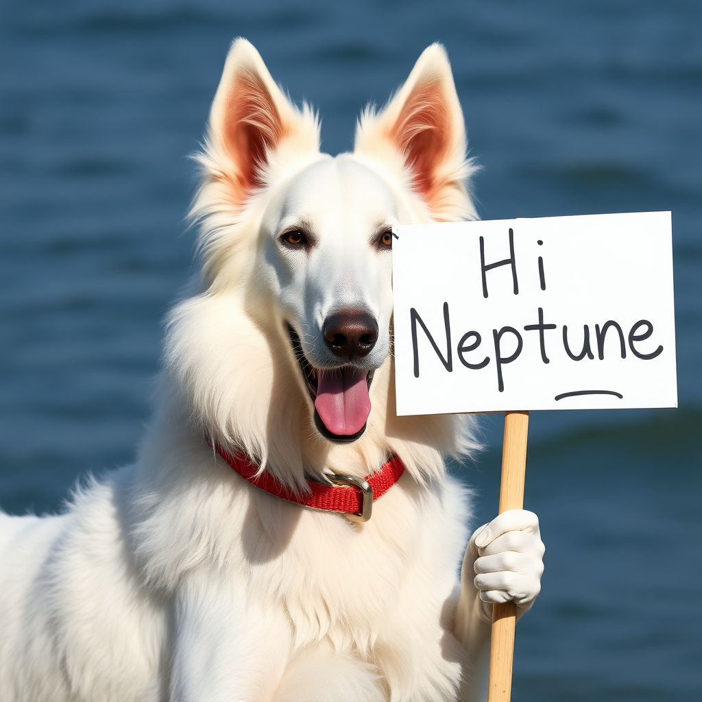 all white borzoi holding a sign that says "Hi Neptune"