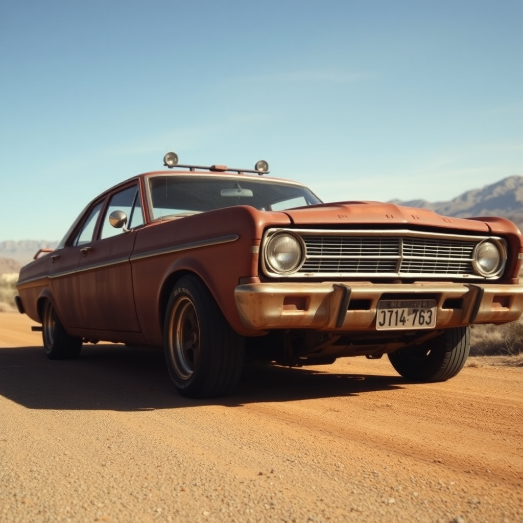 Ford Falcon Mad Max apocalyptic rusty the car is parked on the side of the road, inspired by Taiyō Matsumoto, tumblr, restomod, nd4, c4