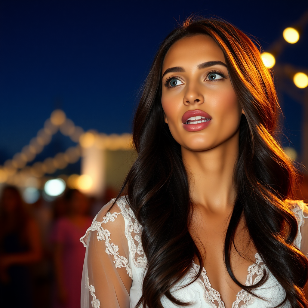 a young woman singing. long brunette hair with highlights, bright blue eyes. suntanned skin. small lips colored pale rose. looking to the side. wearing an elegant long white dress with transparent lace. view from far. night sky in background. photo