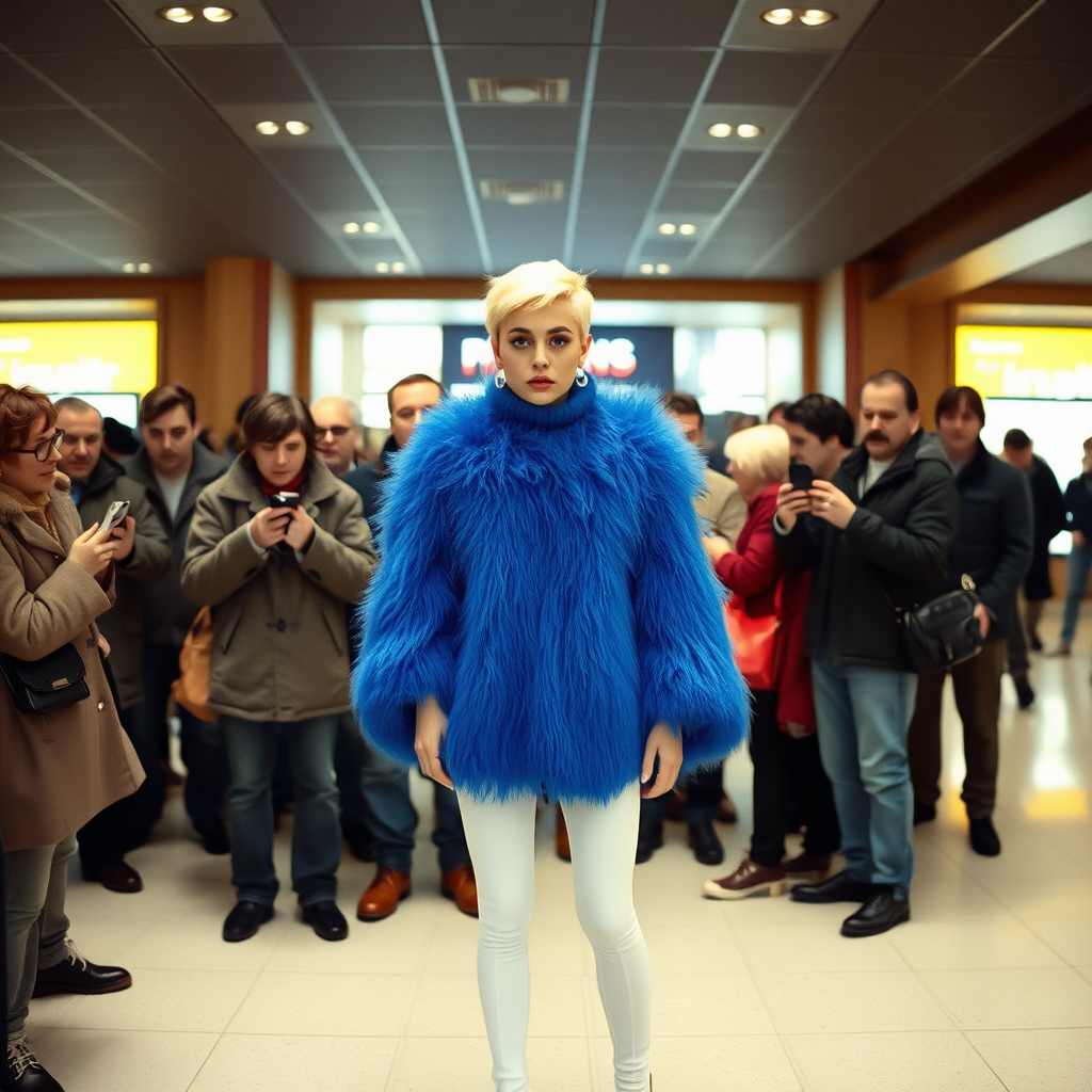 1990 winter afternoon daylight, crowded cinema lobby: Sam, 19 years old beautiful involuntary femboy, rebellious intractable character, short petite boyish figure, platinum blond boyish rebel punk hairstyle, flawless heavily made-up face with sharp arched tattooed eyebrows, wearing Supertanya-style fluffy very fuzzy bright blue angora thigh-length turtleneck-poncho fully covering body and arms, white shiny leggings, red leather high-heeled pumps, silver earrings, puzzled alarmed, pout serious, impatiently waiting for her master. Surrounded by much taller male amused visitors watching laughing taking pictures.