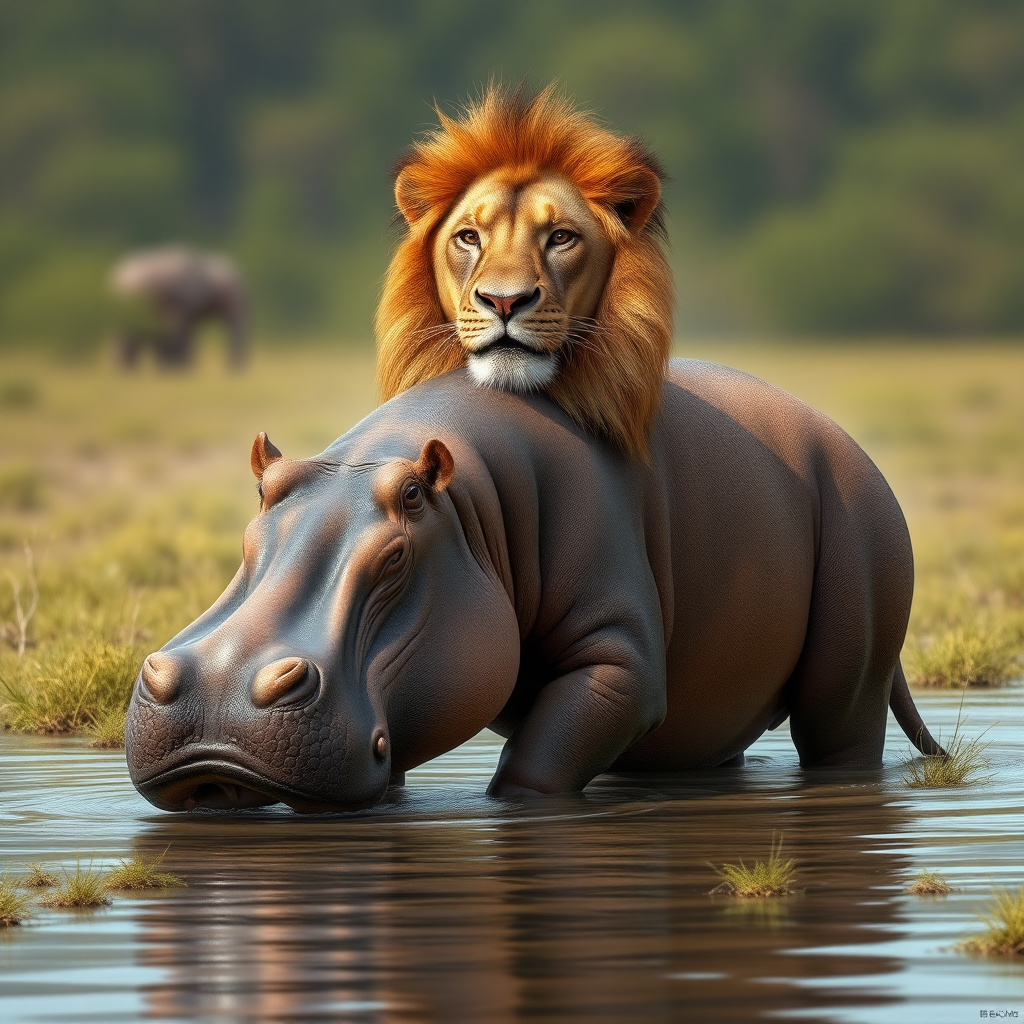 Create a photorealistic wildlife image featuring a lion possessing a hippo's body. Retain the lion's head, facial features, and distinct skin texture. Design the background by blending elements from both the lion's savannah habitat and the hippo's watery environment. Focus on harmony between the blended creature and its unique habitat, emphasizing natural lighting and detailed textures to enhance realism and visual impact.