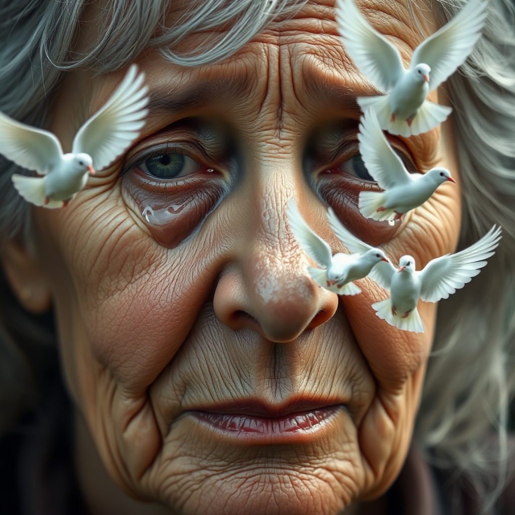 A photorealistic close-up of the face of a beautiful but elderly woman with gray hair. Tears are streaming down her cheeks, creating a deep emotional moment. Direct out of her forehead, white doves are coming out and flying off to the right side of the picture. All doves' heads are in the right direction. The dream of freedom is going out of her.