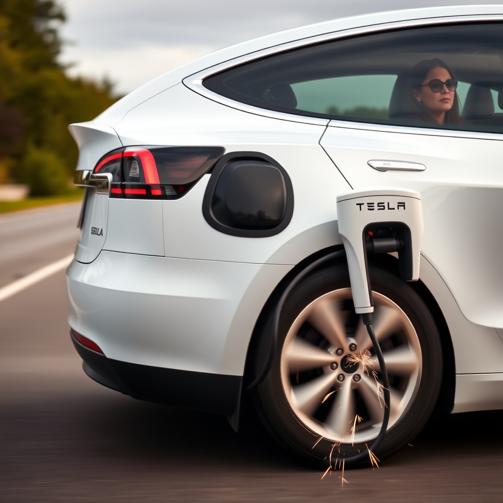 A woman driving a white Tesla with the charging cable still plugged into it because she forgot to unplug it before driving off. The car is in motion, on the road, with the entire Tesla Megacharger still attached, being dragged behind the car, sparking.