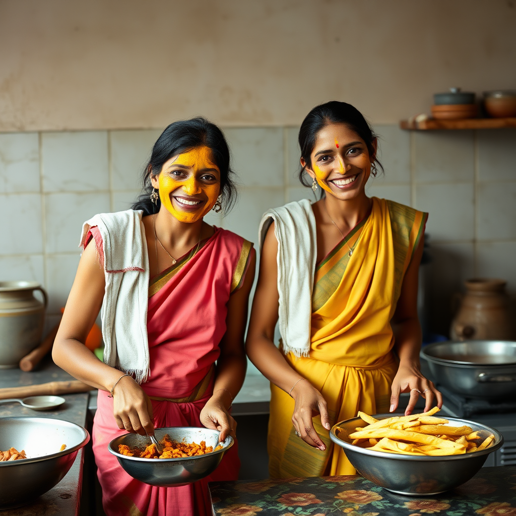 2 skinny, happy, traditional, 30-year-old Indian maids, wearing a blouse, skirt, and a short towel on their shoulder. They are preparing food in the kitchen. Their face is covered with a turmeric face mask.