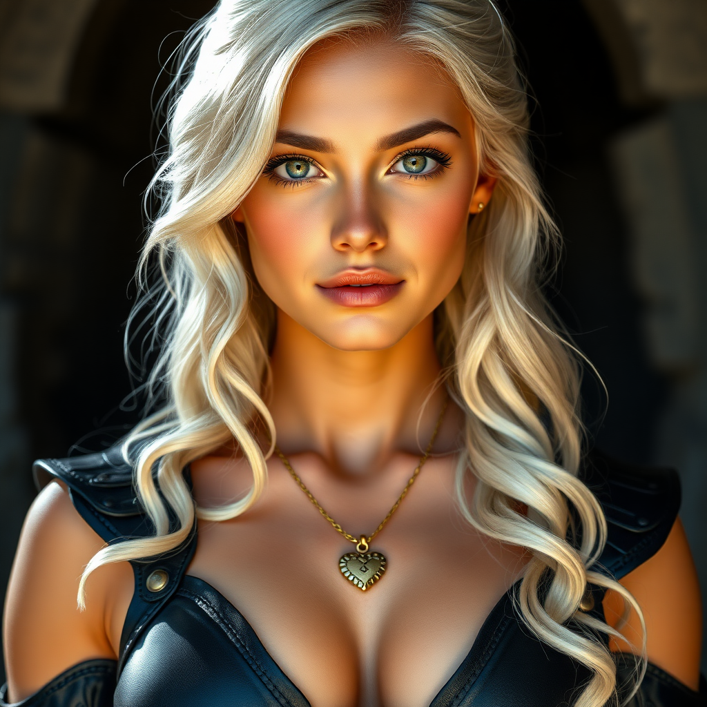 Portrait of a beautiful young woman with long wavy platinum blonde hair, green eyes, a suntan, light brown eyebrows, and large breasts. She is wearing black leather armor and a gold necklace with a small heart pendant.