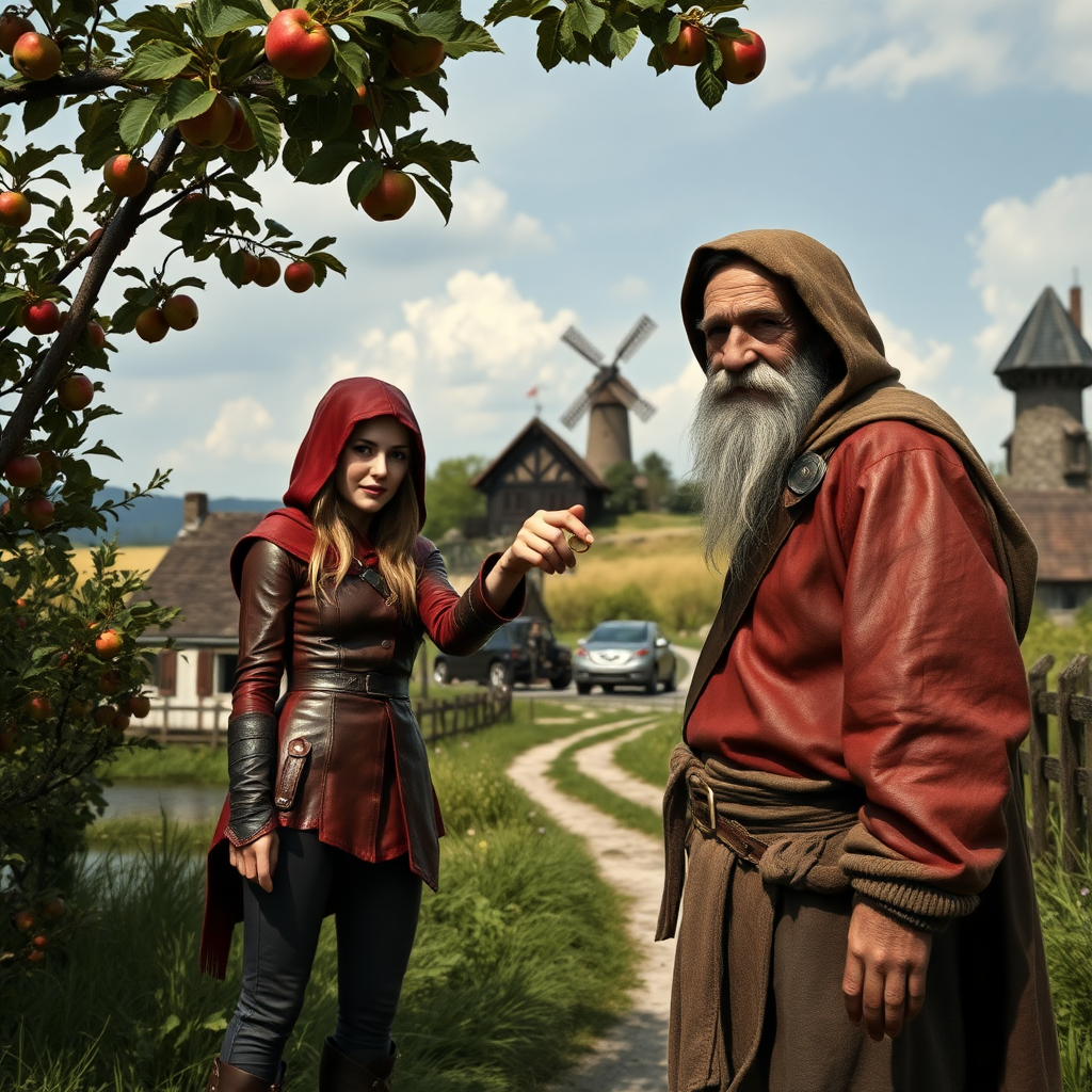 A wide distance shot of a pretty female adventurer in subtle red leather clothing with a hood, standing next to a thin, short, frail clean-shaven old farmer wearing rags and who looks ill. She is holding a gold ring towards him but he waves it away. Apple trees surround a pastoral fantasy house near a road to "Dunright". A fantasy village and mage tower with windmill in the distance.