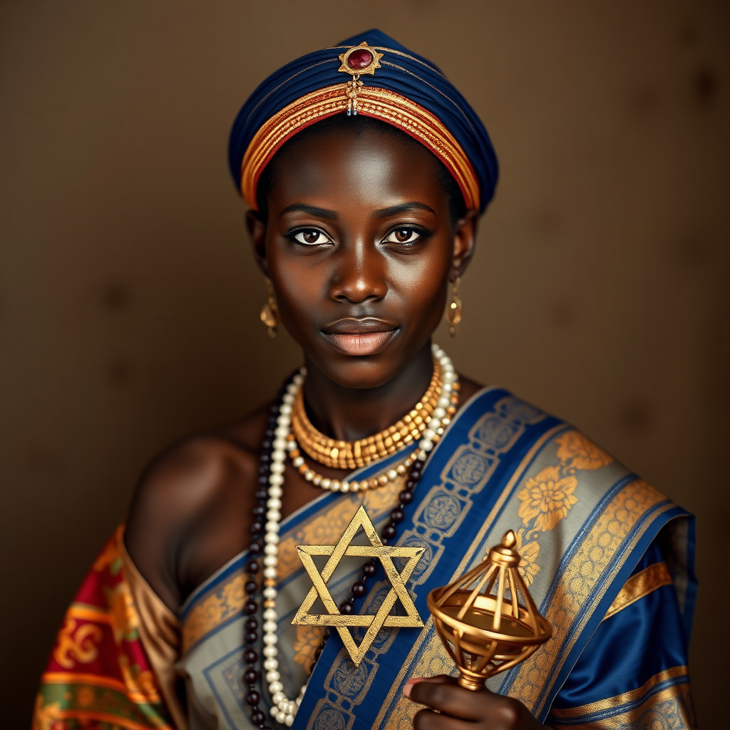 create a photorealistic image of a black person wearing traditional Indian dress they are also wearing a Yamika and star of David while holding a Manora