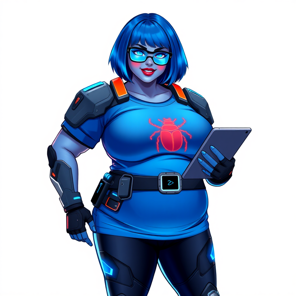 A 28-year-old, full-figured, metallic maximum blue (5PB 5/10) skinned computer program hybrid with a maximum blue bob cut. She has a non-athletic build, highlighted by a prominent, round, large midsection (with emphasis on her round large belly), which shows the effects of her love of junk food acquired from her boyfriend. As the full-figured, nerdy, digital sidekick to her cyberpunk vigilante boyfriend, her metallic maximum blue skin and maximum blue lipstick (5PB 5/12) emphasize her digital nature. Her skin has a subtle, animated glow, with digital patterns occasionally flickering across it, making her digital nature obvious. She wears a digital, computerized superhero costume, consisting of a massive, tight-fitting, maximum blue t-shirt (5PB 5/12) with a neon blue glowing chest icon of a beetle, hi-tech shoulder pads with neon blue accents, a black hi-tech belt with a digital neon blue glowing buckle, digital maximum blue biker pants (5PB 5/12) with neon blue accents, and black hi-tech fingerless biker gloves with neon blue glowing accents. Her neon blue glowing eyes, black eyeglasses with neon blue glowing lenses equipped with a built-in HUD, and bashful smile with neon red blush accentuate her nerdiness.

She stands with a shy, slightly hunched posture, one hand nervously adjusting her glasses while the other clutches a digital tablet close to her chest. Her pose reflects her intellectual curiosity and slight social awkwardness, much like Sci-Twi. Her costume covers all her skin and emphasizes her full-figured physique (especially her round belly). Despite her build, she radiates beauty. She has a slim face compared to her physique, accentuating her radiant beauty. She is on a solid white background. She is drawn as if she were in a retro 2D cyberpunk fighting game.