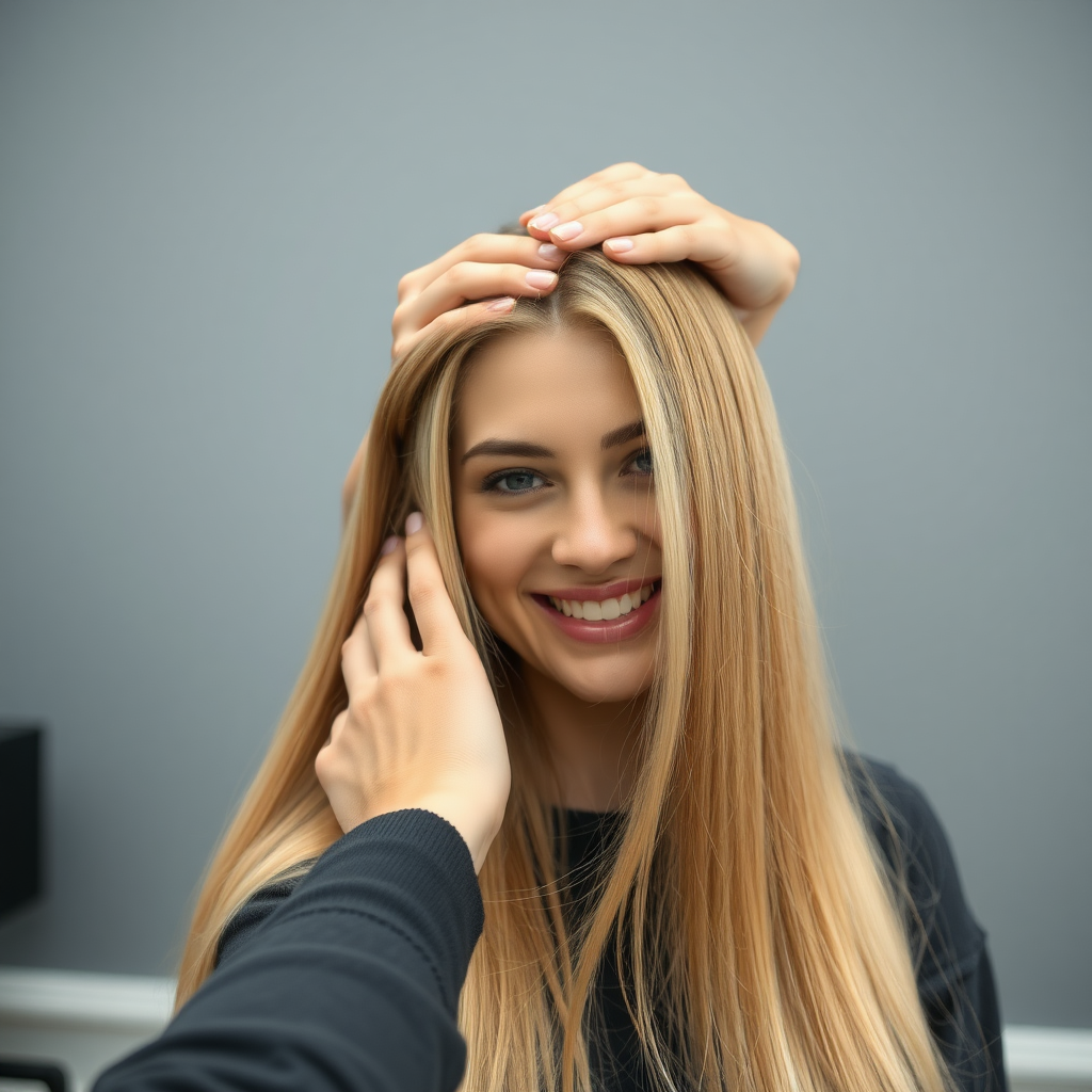 POV, beautiful very long haired blonde woman sitting in a hair salon smiling at the camera while I reach out from behind the camera to massage her scalp. My fingers are digging into her hair rubbing her scalp while her hair is covering my hands. Plain gray background.