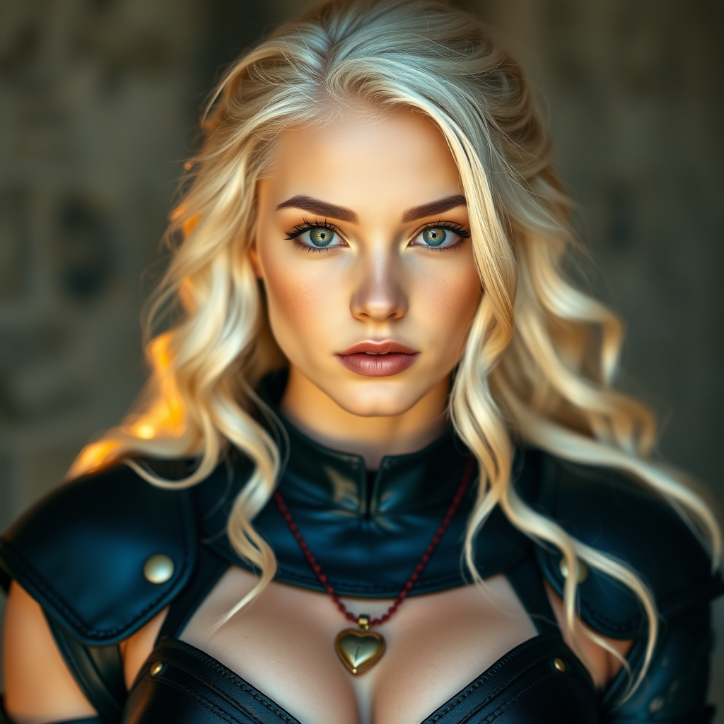 Portrait of a beautiful young woman with long wavy platinum blonde hair, green eyes, a suntan, large breasts, and light brown eyebrows. She is wearing black leather armor and a red gold necklace with a small heart pendant. Her face and body are facing the camera and light is coming from behind the camera.