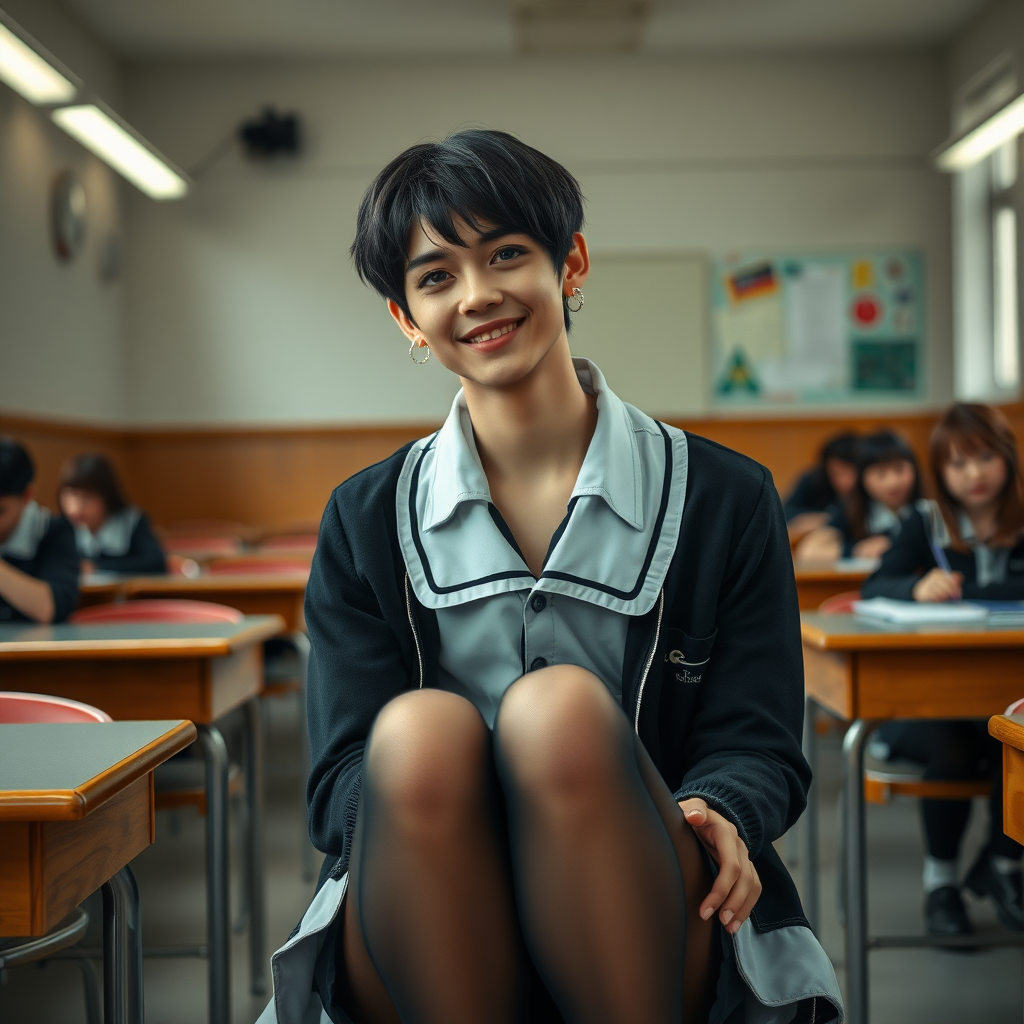 photorealistic, ultra high resolution, 16K, surreal fantasy, soft studio lighting, a pretty 17 year old goth male, slim male physique, short dark hair, blue eyes, goth makeup, earrings, sheer pantyhose, UK girls-school uniform, Mary-Jane shoes, sitting in the classroom, excited smile, facing the camera.