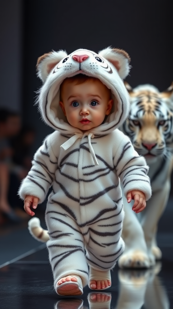 A cute small chubby fair baby with big eyes, pink lips, and pink cheeks, wearing a furry cozy white tiger costume, doing a ramp walk in a fashion show while walking with a real white tiger in a cinematic style.