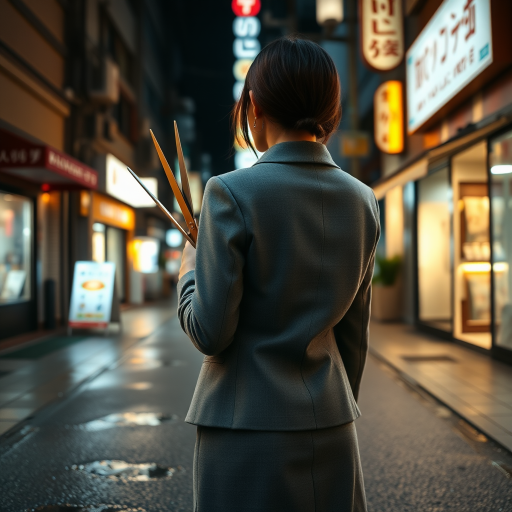 the back of a young Japanese businesswoman gripping a pair of long scissors that she holds pointed downward at her right side. She wears a grey blazer and a grey skirt and faces the camera. The lights from the shops in the alleyway glint off of the scissors. The lights from the shops in the alleyway are reflected in the rain puddles scattered on the asphalt of the ground. It is late at night.