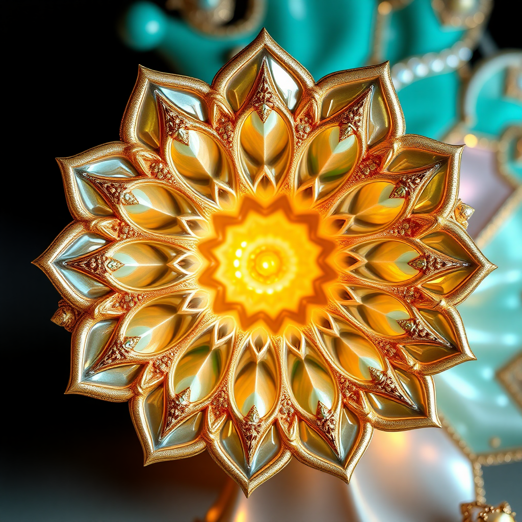 abstract pottery, mandelbulb fractal, sacred geometry, ultra-detailed, dynamic composition, artistic photograph, fractal, brilliant colors, glittering, illumination, transparency, translucent, turquoise, gold, romanticism, sharp focus, floral, mother of pearl, iridescent