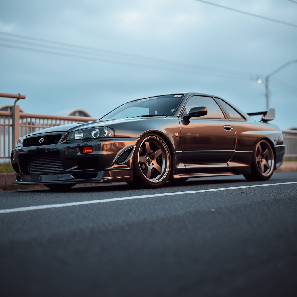 The car is parked on the side of the road, inspired by Taiyō Matsumoto, tumblr, restomod, nd4, c4 metallic shine gray black nissan skyline r34 tokyo arkaplan hatasız tam eksiksiz ayrıntılı genel gerçek detaylar en iyi fotoğraf poz sinematik hafif yağış su damlalar ıslak yok