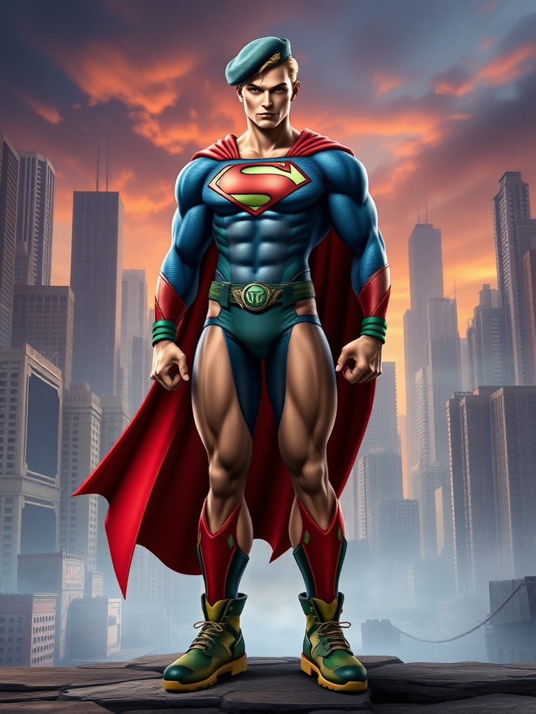 Create a full-length image of Superman with the body traits of Cammy from Street Fighter. Retain Superman's original head and face, but modify his physique to emphasize a lean, athletic torso, defined abs, and toned arms, echoing Cammy's angular features. His legs should be muscular yet agile, reflecting a more feminine silhouette. Keep the iconic Superman costume but integrate Cammy's tactical elements like her signature beret and combat boots, along with green accents in the cape and emblem. Set the background in a blend of Metropolis and a vibrant military base, combining skyscrapers with camouflage elements for a dynamic fusion of both characters' worlds.