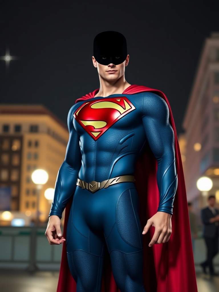 Generate a full-length image of Superman with the body type of Zatanna, keeping his head intact. Incorporate embellishments or elements of Zatanna's costume into Superman's design. Set the background to a location appropriate for both characters.