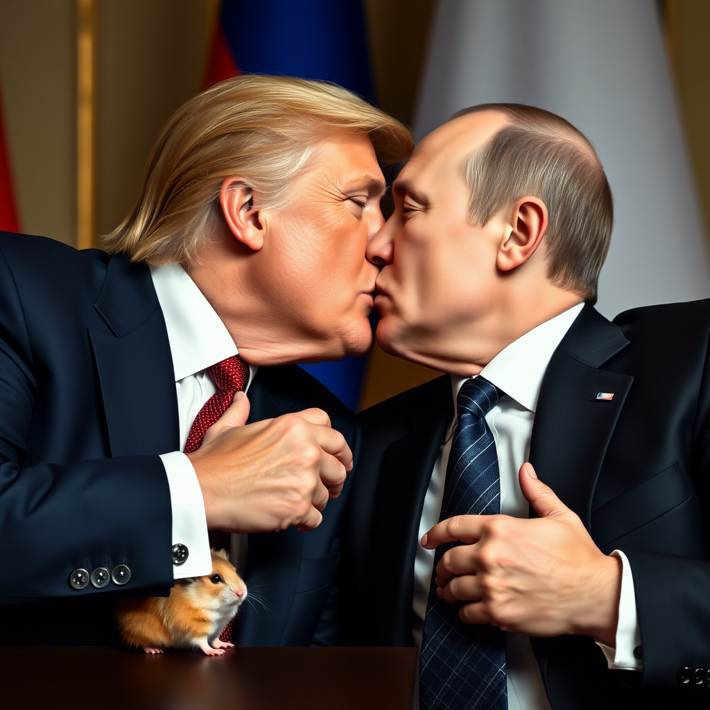 Donald Trump and Vladimir Putin kissing passionately while a hamster watches