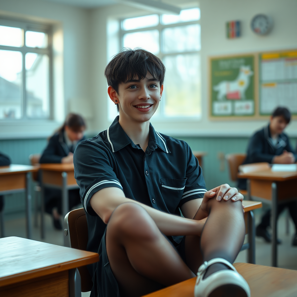 photorealistic, ultra high resolution, 16K, surreal fantasy, soft studio lighting, a pretty 17 year old goth male, slim male physique, short dark hair, blue eyes, goth makeup, earrings, sheer pantyhose, UK girls-school uniform, Mary-Jane shoes, sitting in the classroom, excited smile, facing the camera.