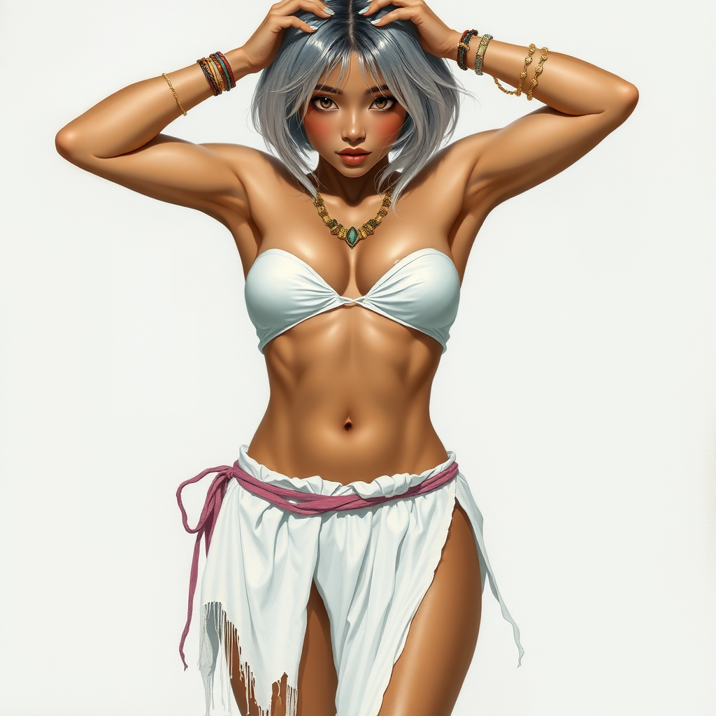 Girl, toned and muscular and has abs. short silvery flowing hair. Her fingers and toenails are painted sky-blue. Her attire consists of a white primitive scant revealing two-piece bikini-like outfit with pale red, sky-blue, gold and purple bands on her neck, arms, wrists, shins, and ankles. Tan skin. Asian face. Sexy exaggerated pose. Hands on head, exposing armpits. fantasy painting high contrast, well-drawn, highly detailed, and beautiful rendering.