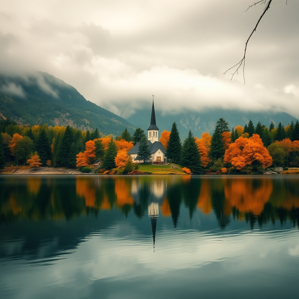 a tranquil lakeside scene during autumn with a reflective surface, featuring a quaint church with a steeple nestled among a carpet of vibrant orange and evergreen trees. The background showcases mist-covered mountains, partially obscured by soft clouds, creating a serene and dreamy atmosphere. The color palette includes deep greens, warm oranges, and muted greys, enhancing the peaceful mood. The overall aesthetic leans towards hyperrealism, emphasizing crisp details in the foliage and water reflections, capturing a sense of calm and solitude in nature.