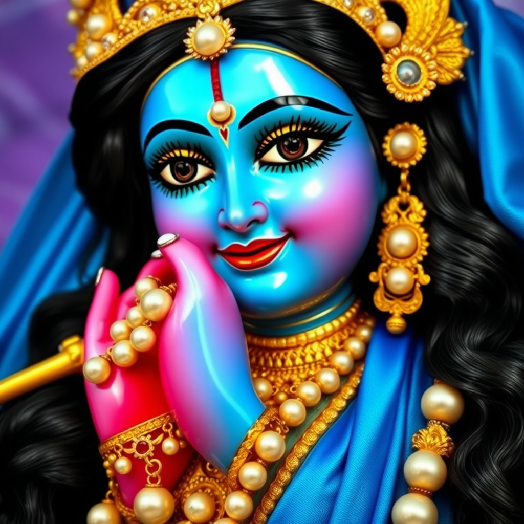 ‘She wears a radiant blue garment and Her splendid bodily luster appears like molten gold, stationary lightning, or the yellow pigment called gorocana. Her face is as splendid and clear as millions of full-moons. Her large lotus-like eyes are lined with black mascara and reach back almost to Her ears, their beauty is incomparable to anything within the three worlds. Her amorous side-long glances can cause even the Lord of creation to tremble and swoon. Her luxuriant black hair reaches down past Her waist and is beautifully braided and decorated with forest flowers, while wisps of curling locks adorn Her enchanting forehead, which bears the sign of great majesty and is anointed with red kunkum. Her long bow-shaped brows are capable of firing deadly arrows of amorous desire towards Her beloved. Her exquisitely shaped nose is as beautiful as a sesame flower and decorated with a radiant moon-like pearl. Her nectar-like lips defeat the red lotus flowers in full bloom, while decorated with an enchanting smile of unfathomable love for Her beloved Lord. Her teeth appear like perfect rows of shining white pearls. The beauty of Her delicately sculptured chin defeats even the god of love, leaving him in bewilderment – being decorated with a droplet of musk, Her chin appears as if a baby bee is drinking nectar from a golden lotus flower. Her delicately shaped ears which are perfectly attuned to hear the enchanting song of the transcendental flute are adorned with glittering earrings. Marked with lines of divine beauty, Her slender neck smeared with exotic scent is decorated with a necklace of the finest pearls. Covered with a shimmering bodice, Her perfectly raised breasts resemble water-pots filled with nectar. Her slender waist enchants the heavens and Her navel is as deep as the ocean. Her waist is beautified with three exquisite folds and adorned with a fine jeweled girdle of tinkling bells. Her long slender arms, decorated with gem-encrusted armlets and jeweled bracelets, appear like golden creepers longing to embrace Her beloved Lord. Her exquisitely shaped hands resemble two pink lotus flowers illuminated by a series of shining moons that are Her fingernails, and Her elegantly formed fingers bear many fabulous jeweled rings. Beneath Her radiant blue dress, Her curvaceous hips and plantain like thighs have completely defeated the god of love, who now lies unconscious on the ground. Her knees are like golden balls perfectly balanced upon finely tapered legs. Her ankles are adorned with golden ankle-bells that caress Her delicately formed lotus-feet and jingle melodiously as She moves. Her exquisitely shaped toes are adorned with golden rings and Her divine lotus-feet, that are decorated with red javaka, are the only shelter of pure devotees. Radharani’s lotus-like hands are marked with many auspicious signs including; a crescent-moon, lotus, parasol, stambha, conch-shell, earring, sacred-tree, flower, bumblebee, chamara, and a swastika. Her lotus feet are marked with many auspicious signs including; a conch-shell, a moon, an elephant, elephant-goad, barley-corn, a flag, drum, fish, and swastika’.