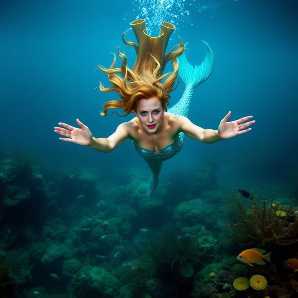 Sookie Stackhouse as a mermaid. She's diving down towards the viewer of the image, arms outstretched. The sea is deep and mysterious and filled with a myriad of ocean life plants, fish, and other aquatic life. In the photography style of Thomas P. Peschak