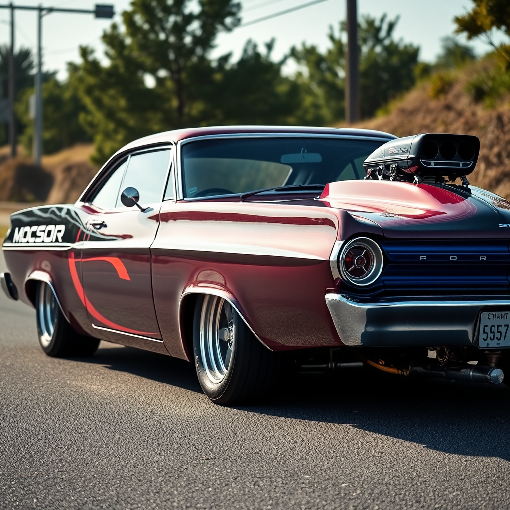 The drag car is parked on the side of the road, inspired by Taiyō Matsumoto, tumblr, restomod, nd4, c4 metallic shine classic american low rider custom paint ford alev desenler