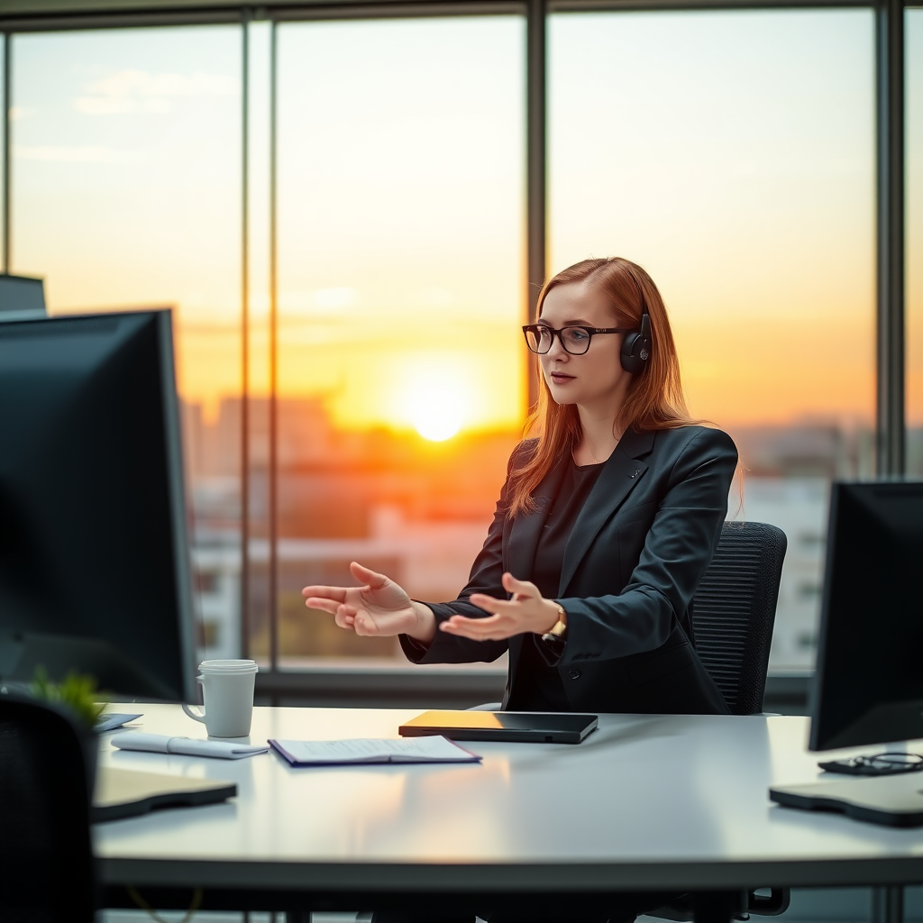 create an image of an executive secretary guiding her boss to have more efficient communication, in a modern technology office, with a sunset in the background