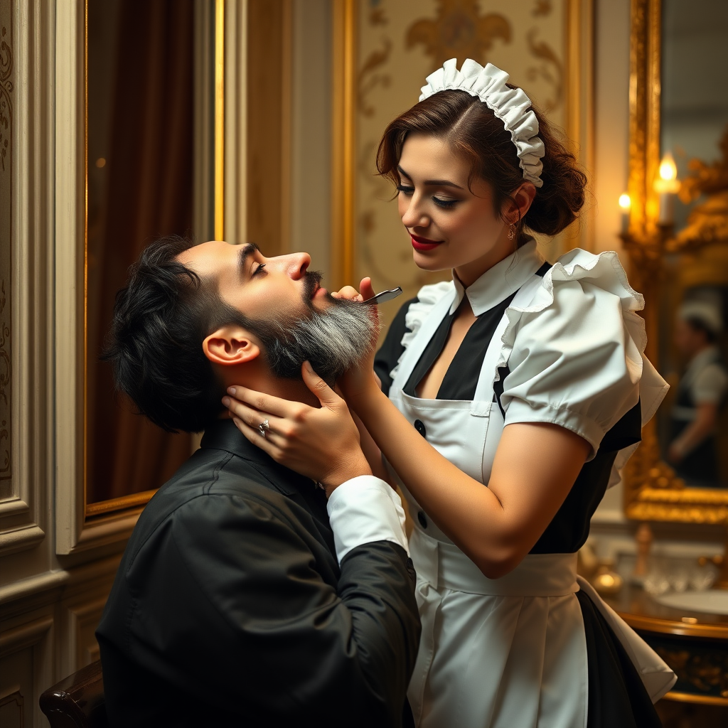 female french maid, shaving a man's beard